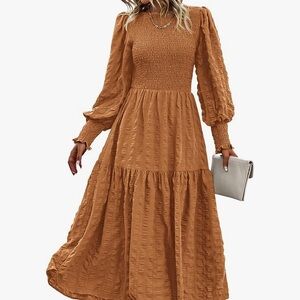 Textured Maxi Dress with Smocked Bodice in Caramel